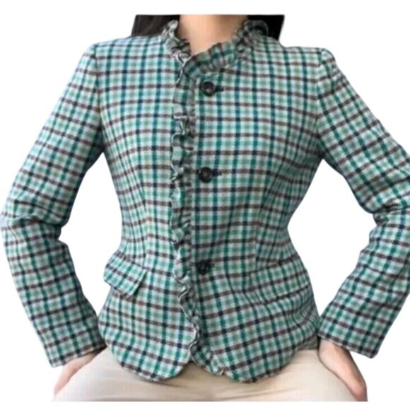 Talbots Plaid Blazer Jacket‎ Size 10P Wool Blend Plaid Ruffle Brown/Teal - Picture 1 of 11